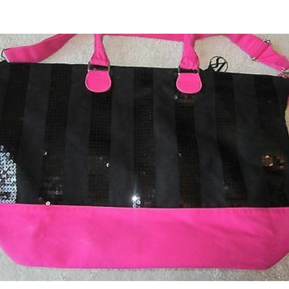 Victoria’s Secret Black Pink Sequined Tote Duffle Bag Shoulder Strap Good Size - Picture 8 of 9